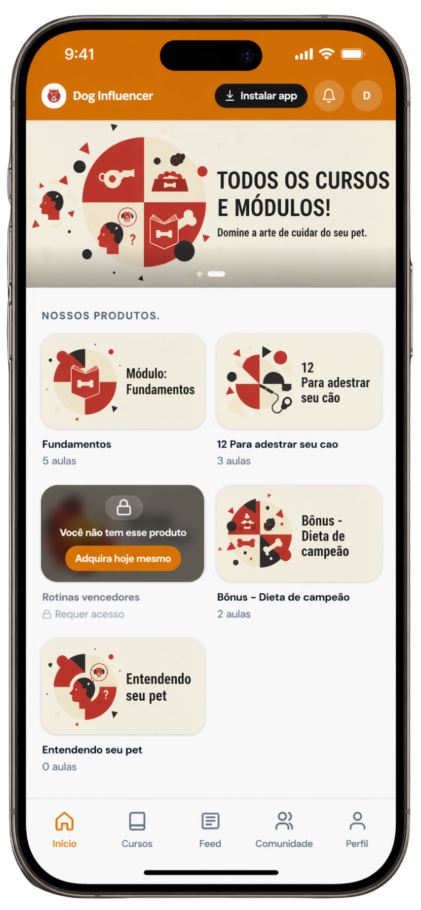 App no Modo Normal — grade de cursos em 2 colunas com header colorido